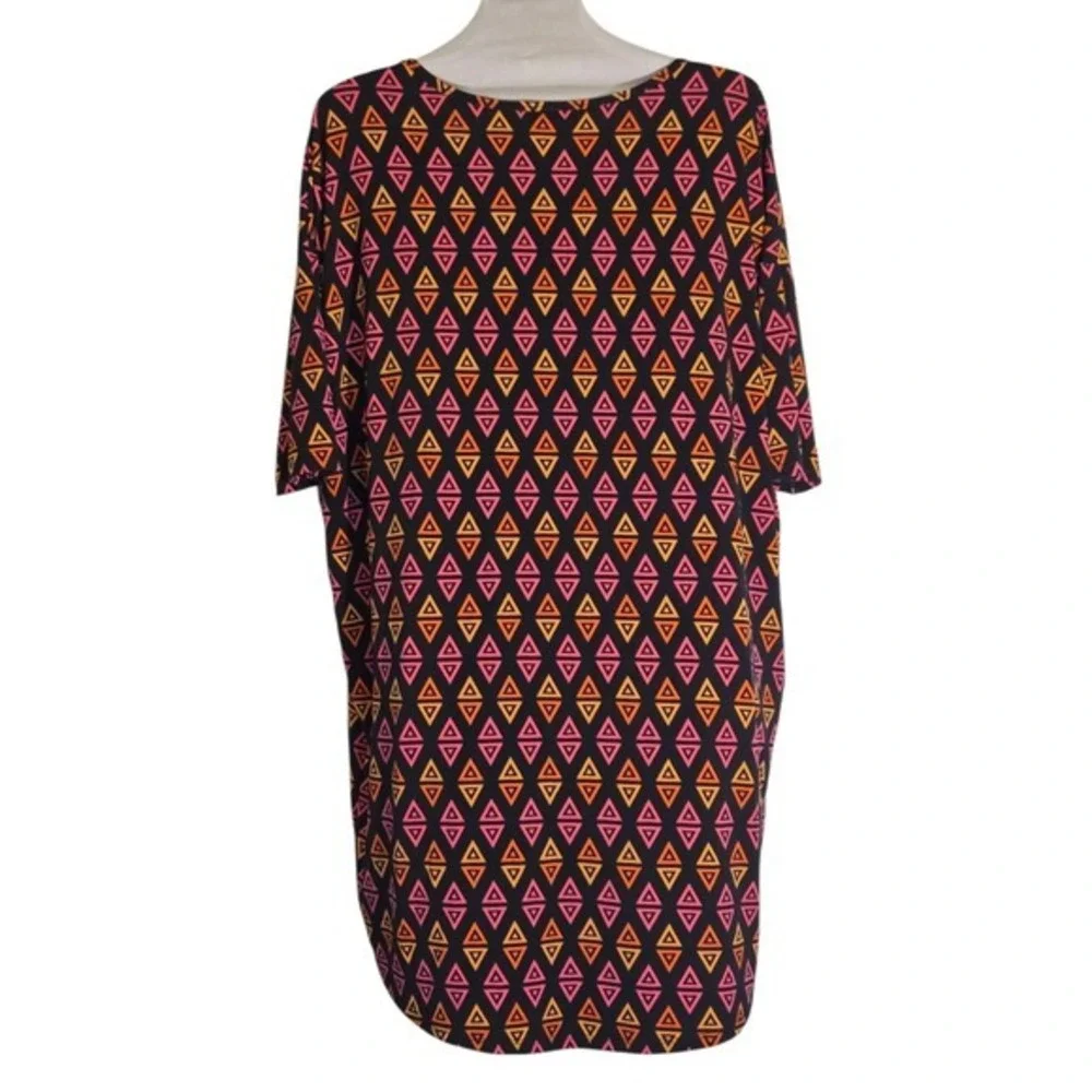 Womens Geometric Print Tunic Top Asymmetrical‎ Hem Short Sleeve Burgundy Orange